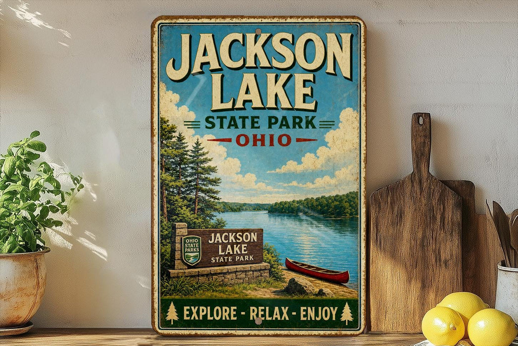 A vintage-style sign for Jackson Lake State Park in Ohio, featuring a scenic illustration of the lake surrounded by trees and a canoe.