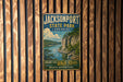 A vintage-style metal sign for Jacksonport State Park in Arkansas, featuring a scenic image of the White River and the surrounding landscape.