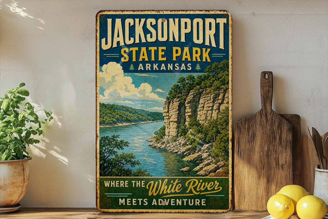 A vintage-style sign for Jacksonport State Park in Arkansas, featuring a scenic image of a river and cliffs, with the text "Where the White River Meets Adventure" and "Arkansas" written on it.