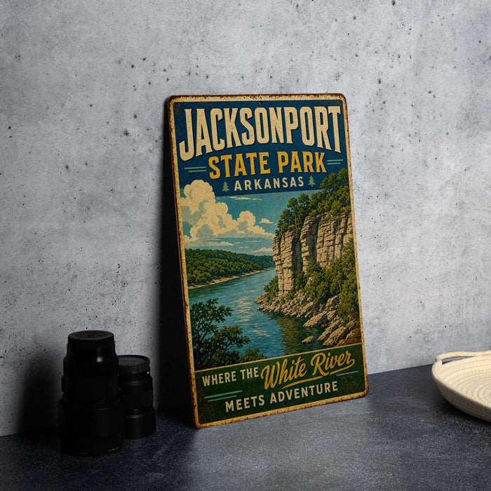 A vintage-style sign for Jacksonport State Park in Arkansas, featuring a scenic illustration of the White River and the surrounding landscape.