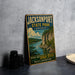 A vintage-style sign for Jacksonport State Park in Arkansas, featuring a scenic illustration of the White River and the surrounding landscape.