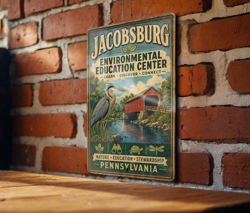 A vintage-style sign for the Environmental Education Center in Pennsylvania, featuring a bridge and a heron in a natural setting.