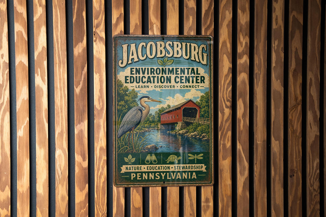 A vintage-style metal sign for the Jacobburg Environmental Education Center, featuring a bird and a bridge, is displayed on a wooden wall.