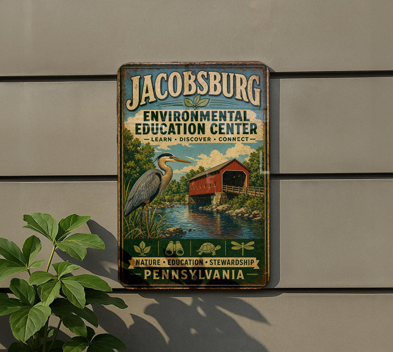 A vintage-style sign for the Environmental Education Center in Pennsylvania, featuring a blue heron and a red bridge.