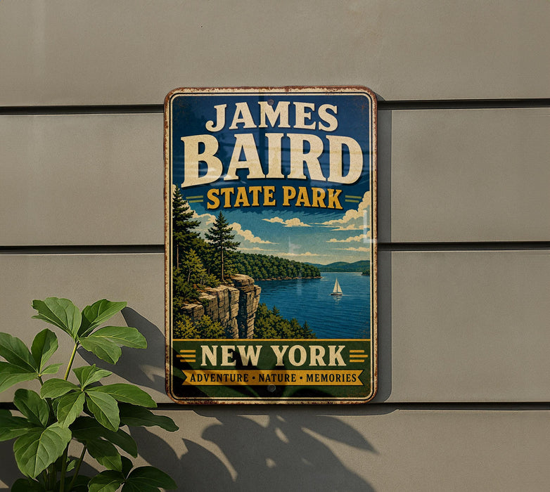 A vintage-style metal sign for James Baird State Park in New York, featuring a scenic landscape with a lake, mountains, and a sailboat.