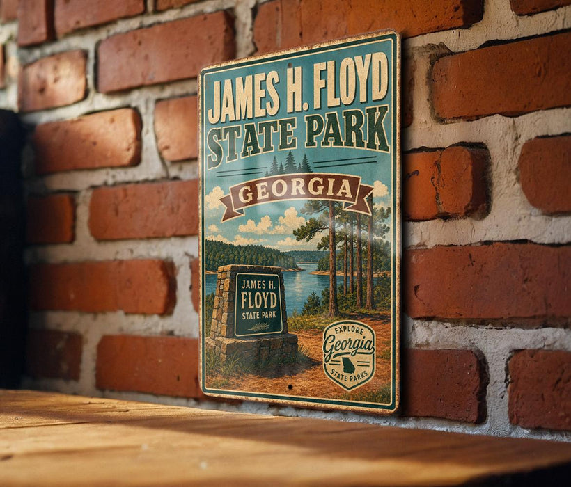 A vintage-style metal sign for James H. Floyd State Park in Georgia, featuring a scenic illustration of the park and its surroundings.