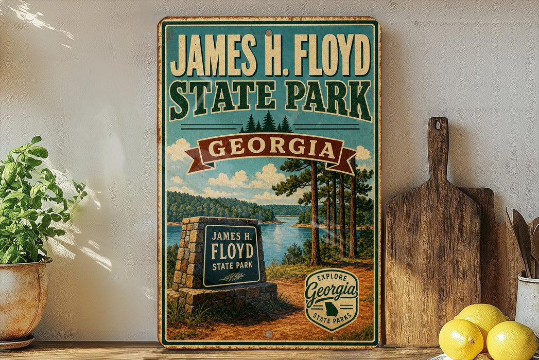 A vintage-style metal sign for James H. Floyd State Park in Georgia, featuring a scenic landscape with pine trees, a lake, and a sign that says "James H. Floyd State Park".