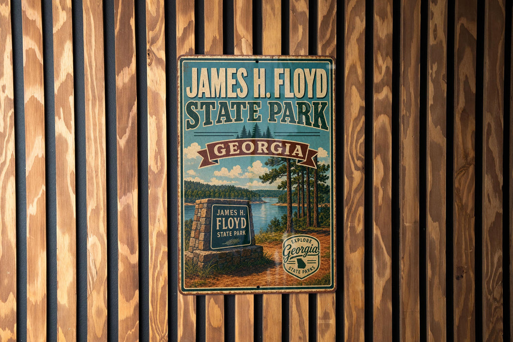 A vintage-style metal sign for James H. Floyd State Park in Georgia, featuring a scenic landscape with pine trees and a lake.