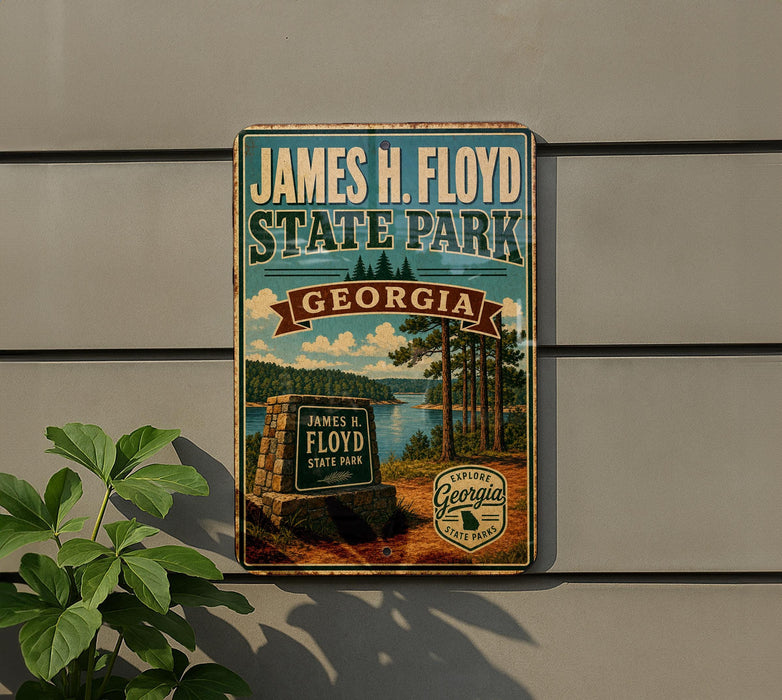 A vintage-style metal sign for James H. Floyd State Park in Georgia, featuring a scenic landscape with pine trees, a lake, and a signpost.