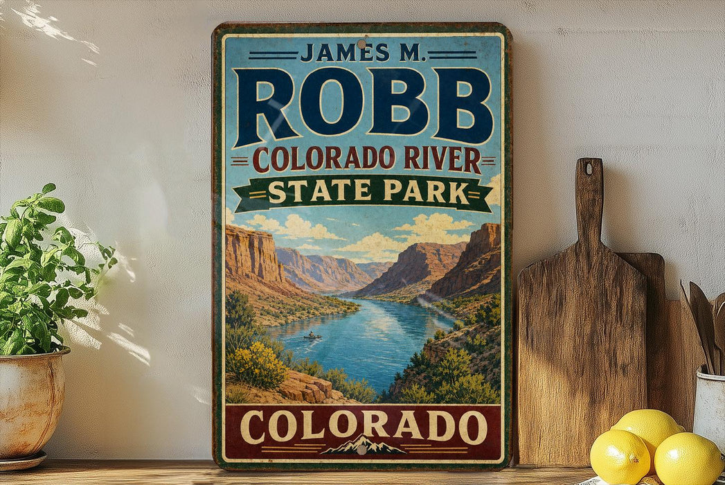 A vintage-style sign for James M. Robb Colorado River State Park, featuring a scenic mountain landscape with a river and a small boat.