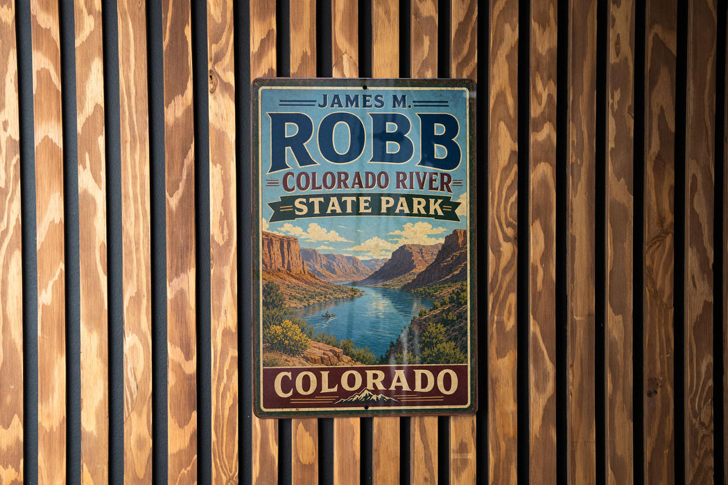 A vintage-style sign for James M. Robb Colorado River State Park, featuring a scenic mountain landscape.