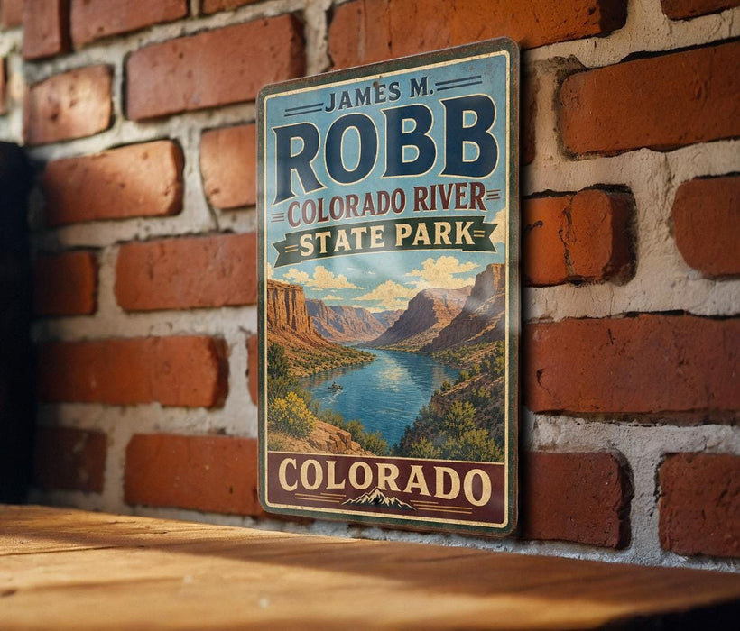 A vintage-style metal sign for James M. Robb Colorado River State Park is displayed on a brick wall.