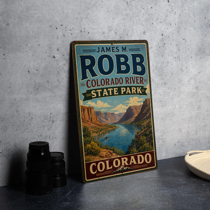 A vintage-style metal sign for James M. Robb Colorado River State Park, featuring a scenic mountain landscape.