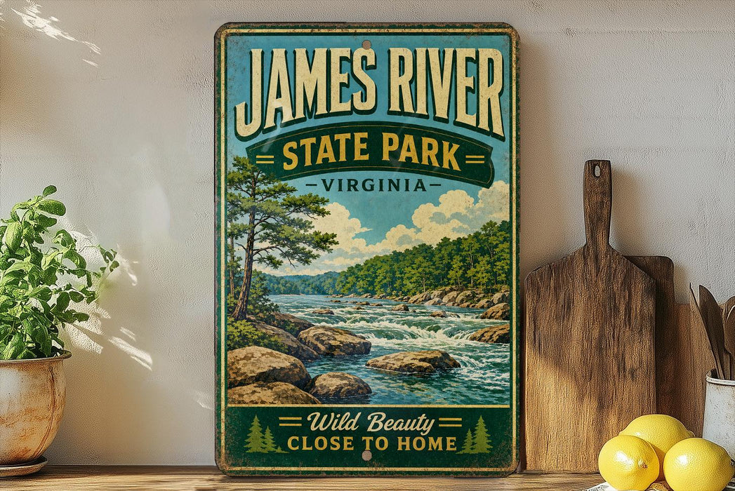 A vintage-style sign for James River State Park in Virginia, featuring a scenic landscape with a river, trees, and mountains.