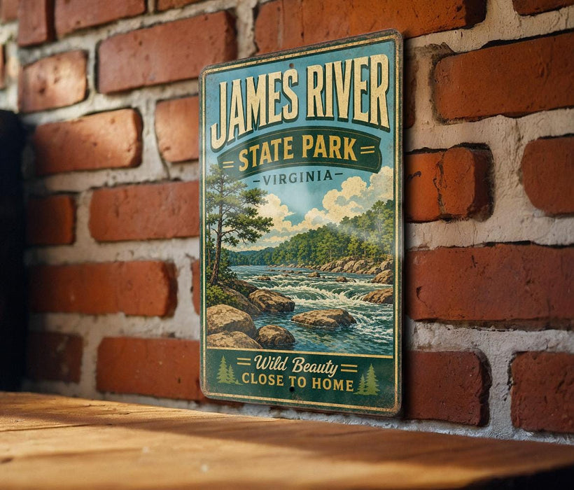 A vintage-style metal sign for James River State Park in Virginia, featuring a scenic illustration of a river and mountains.
