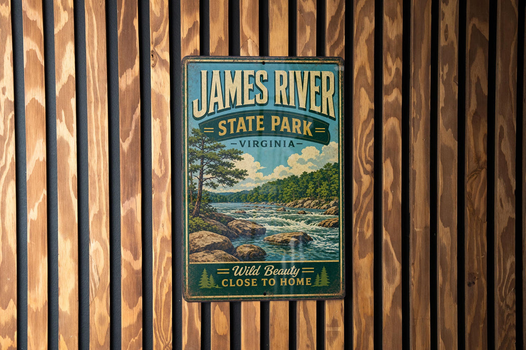 A vintage-style metal sign for James River State Park in Virginia, featuring a scenic landscape with a river, trees, and mountains.