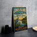 A vintage-style sign for Jane's Island State Park, featuring a large blue heron and a scenic landscape with a wooden bridge and water.