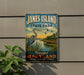 A vintage-style sign for Janes Island State Park, featuring a large heron and a scenic landscape with a wooden bridge and water.