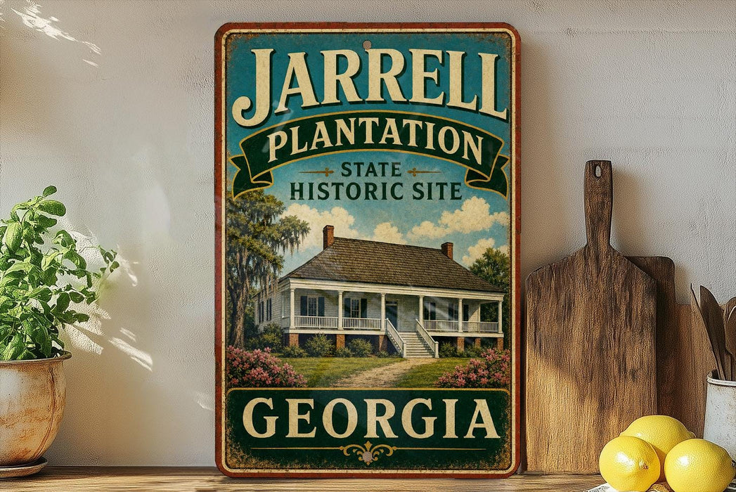 A vintage-style sign for the state historic site of Jarrell Plantation in Georgia, featuring a house surrounded by trees and flowers.