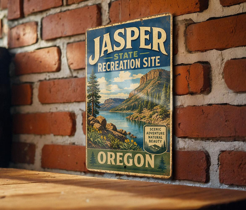 A vintage-style metal sign for the Jasper State Recreation Site in Oregon, featuring a scenic mountain landscape and a lake.
