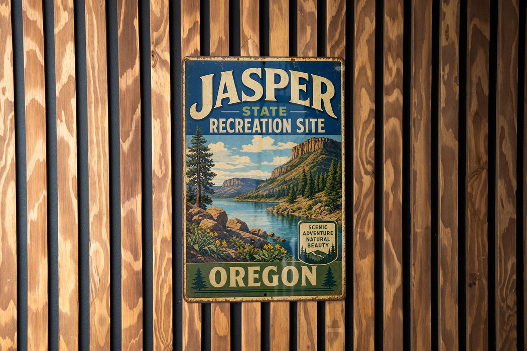 A vintage-style metal sign for the Jasper State Recreation Site in Oregon, featuring a scenic landscape with mountains, trees, and a lake.