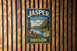 A vintage-style metal sign for the Jasper State Recreation Site in Oregon, featuring a scenic landscape with mountains, trees, and a lake.