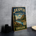 A vintage-style metal sign for the Jasper State Recreation Site in Oregon, featuring a scenic landscape with mountains, trees, and a lake.