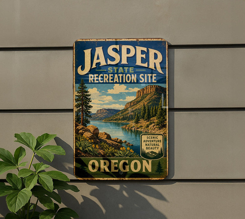A vintage-style sign for the Jasper State Recreation Site in Oregon, featuring a scenic landscape with mountains, trees, and a river.
