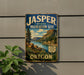 A vintage-style sign for the Jasper State Recreation Site in Oregon, featuring a scenic landscape with mountains, trees, and a river.