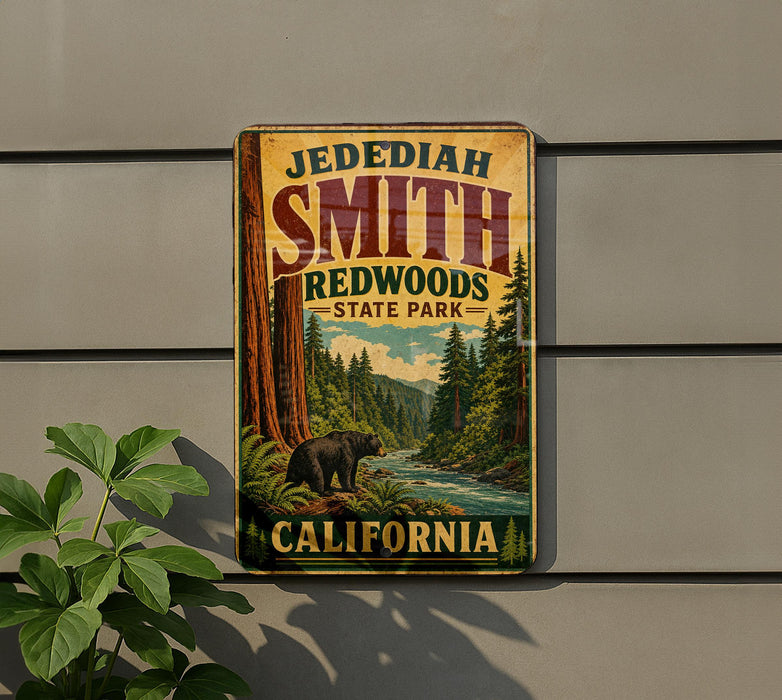 A vintage-style metal sign for Jedediaah Smith Redwoods State Park in California, featuring a scenic illustration of a bear in the foreground and a forest landscape in the background.