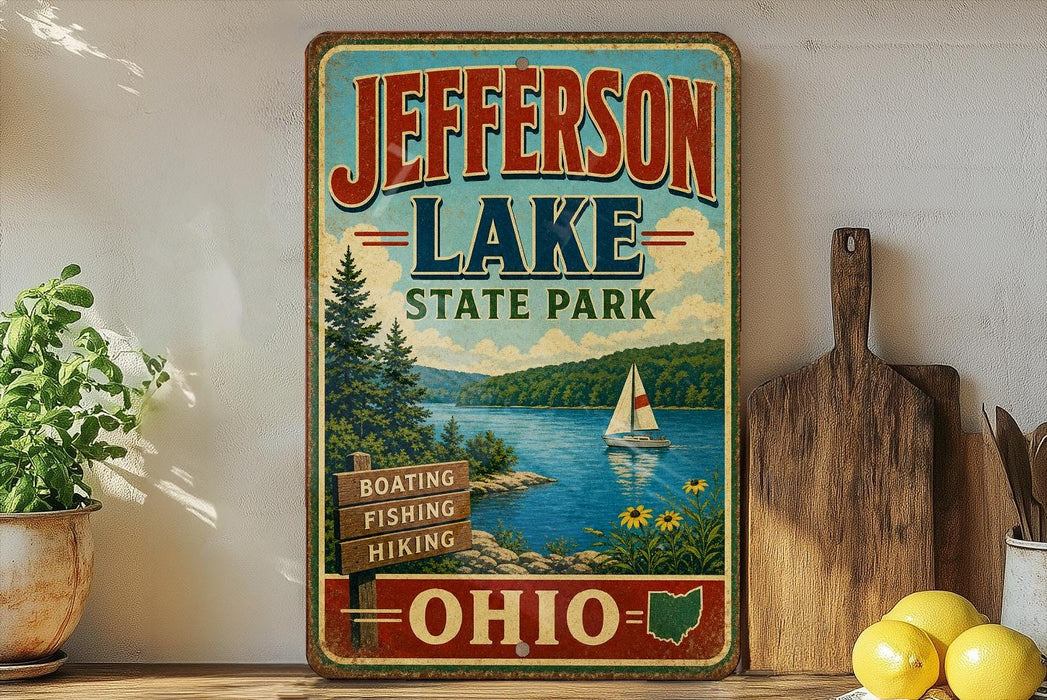 A vintage-style sign for Jefferson Lake State Park, featuring a scenic illustration of a lake, pine trees, and a sailboat.