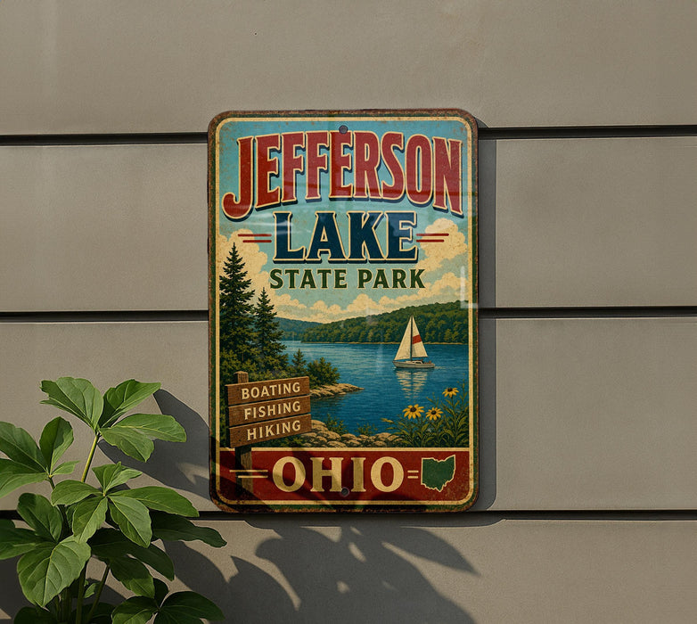 A vintage-style metal sign for Jefferson Lake State Park, featuring a scenic image of a lake, a sailboat, and a forest.