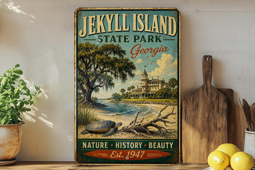 A vintage-style sign for Jekyll Island State Park in Georgia, featuring a scenic illustration of a beach, palm trees, and a large building.