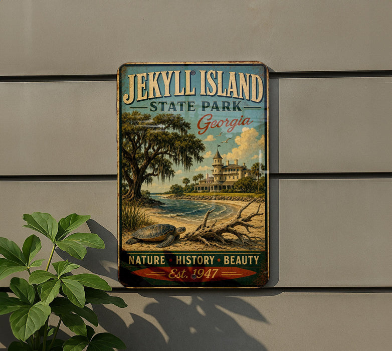 A vintage-style metal sign for Jekyll Island State Park in Georgia, featuring a scenic illustration of a beach, palm trees, and a building.
