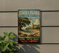 A vintage-style metal sign for Jekyll Island State Park in Georgia, featuring a scenic illustration of a beach, palm trees, and a building.
