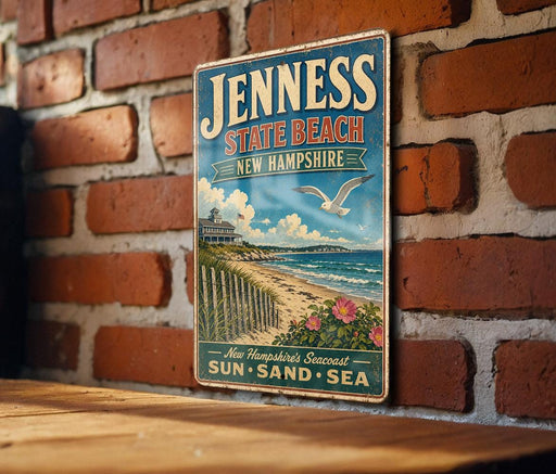 A vintage-style metal sign for "Jenessa State Beach, New Hampshire" is displayed on a brick wall, featuring a beach scene with a lighthouse and a bird in flight.