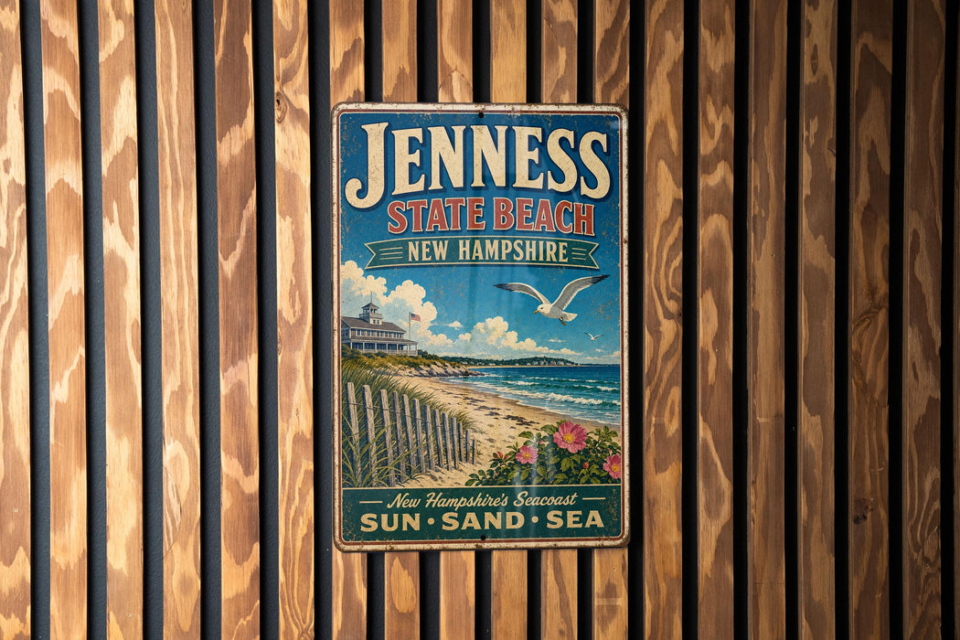 A vintage-style metal sign for Jenness State Beach in New Hampshire, featuring a beach scene with a bird and a house.