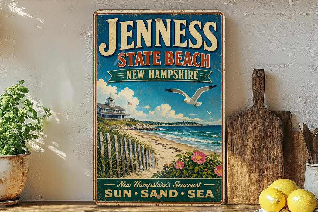 A vintage-style sign for "Jenessy State Beach, New Hampshire" featuring a beach scene with a lighthouse, a seagull, and a wooden fence.