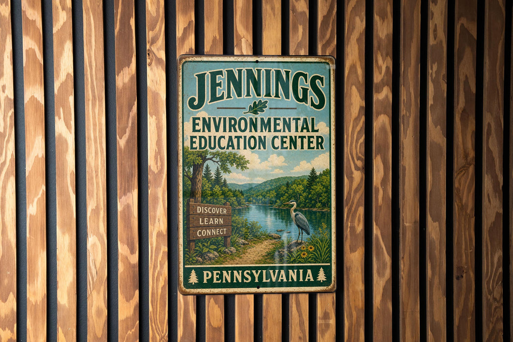 A metal sign for the Jennings Environmental Education Center in Pennsylvania, featuring a scenic landscape with a lake and a bird.