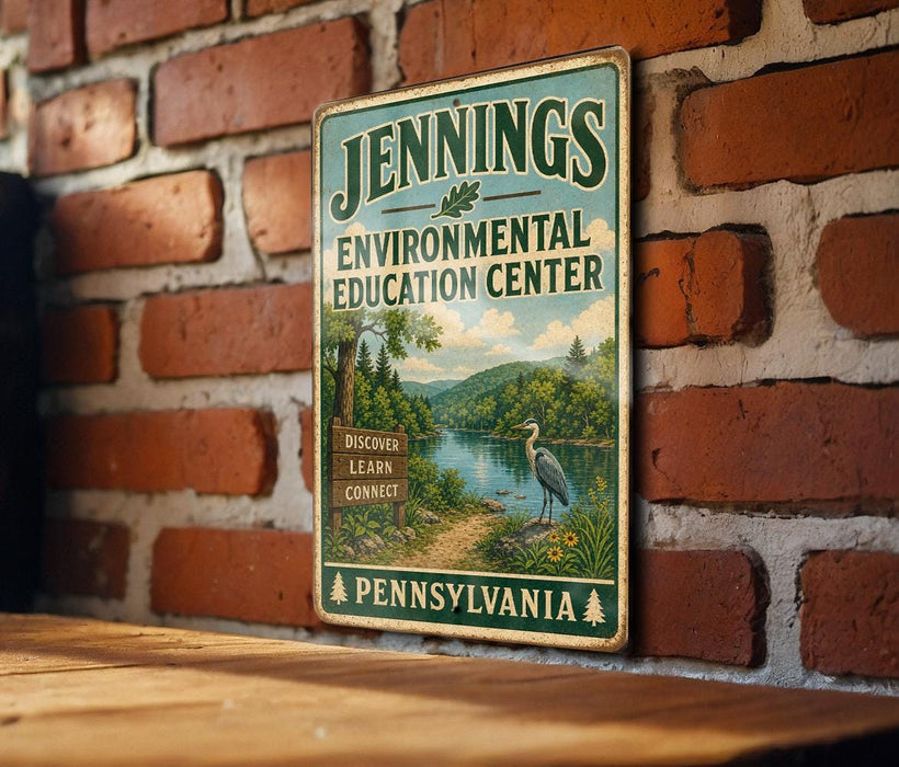 A vintage-style sign for theENNINGS Environmental Education Center in Pennsylvania, featuring a scenic landscape with a lake, trees, and a bird.