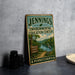 A vintage-style sign for the Jennings Environmental Education Center in Pennsylvania, featuring a scenic landscape with a bird and a path leading to a lake.