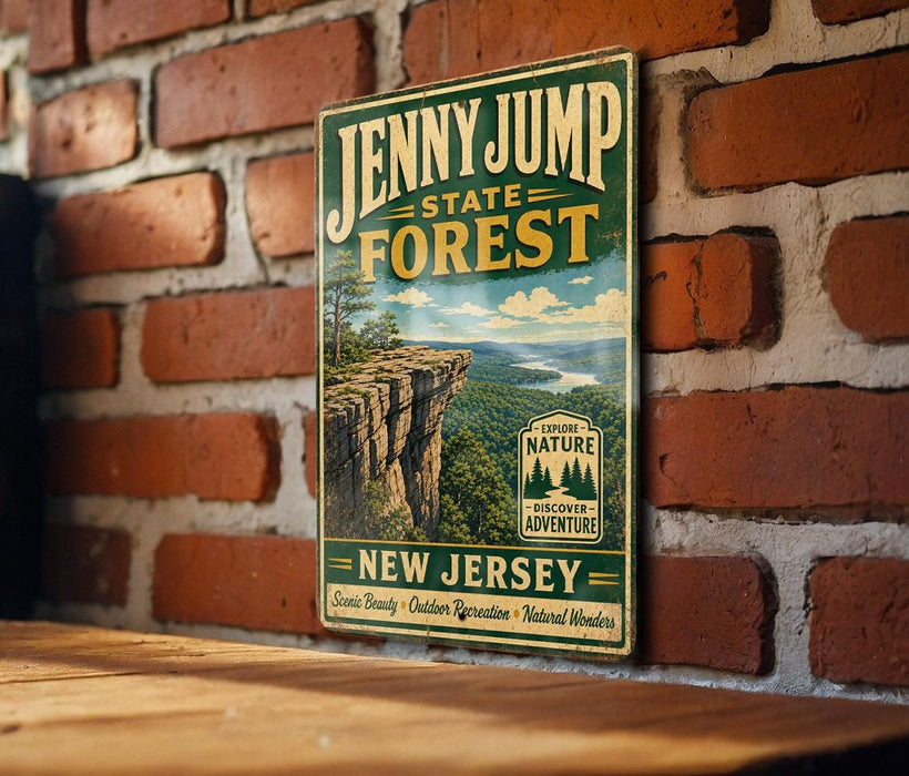 A vintage-style metal sign for the Jenny Jump State Forest in New Jersey, featuring a scenic image of a cliff overlooking a forest.