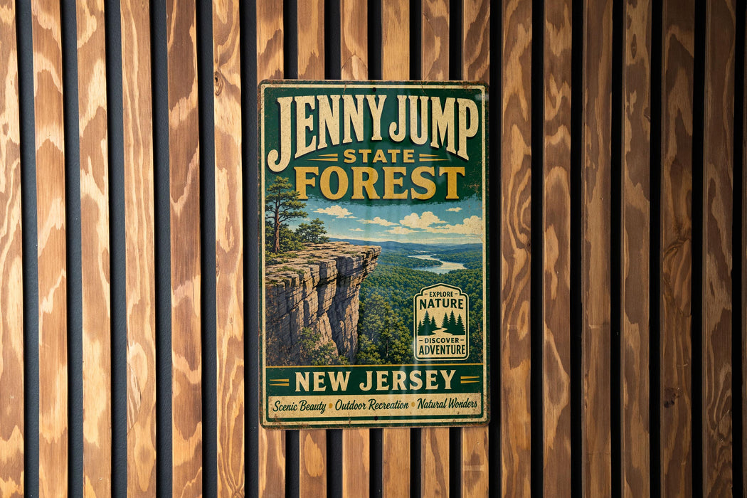 A vintage-style poster for Jenny Jump State Forest in New Jersey, featuring a scenic landscape with a cliff and a river.