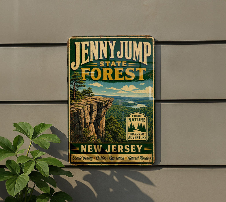 A vintage-style metal sign for Jenny Jump State Forest, featuring a scenic image of a cliff overlooking a forest.