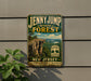 A vintage-style metal sign for Jenny Jump State Forest, featuring a scenic image of a cliff overlooking a forest.