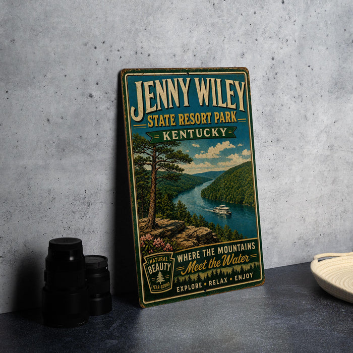 A vintage-style sign for Jenny Wiley State Resort Park in Kentucky, featuring a scenic illustration of a river and mountains.