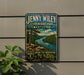 A vintage-style sign for Jenny Wiley State Resort Park in Kentucky, featuring a scenic image of a river and mountains.
