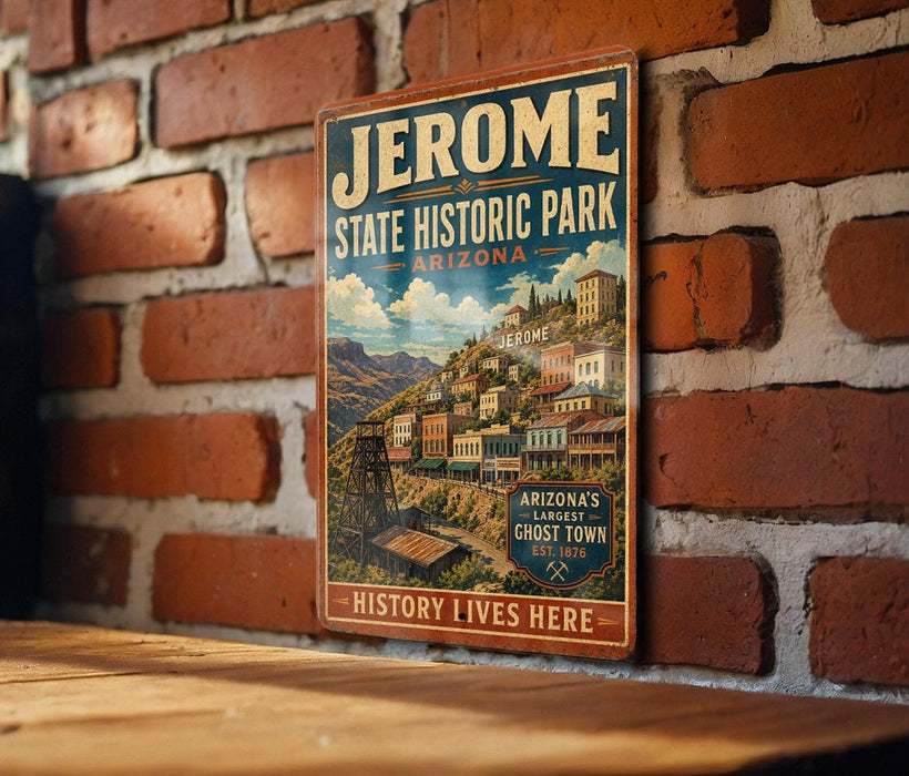 A vintage-style metal sign for Jerome State Historic Park in Arizona, featuring a scenic illustration of the park's buildings and landscape.