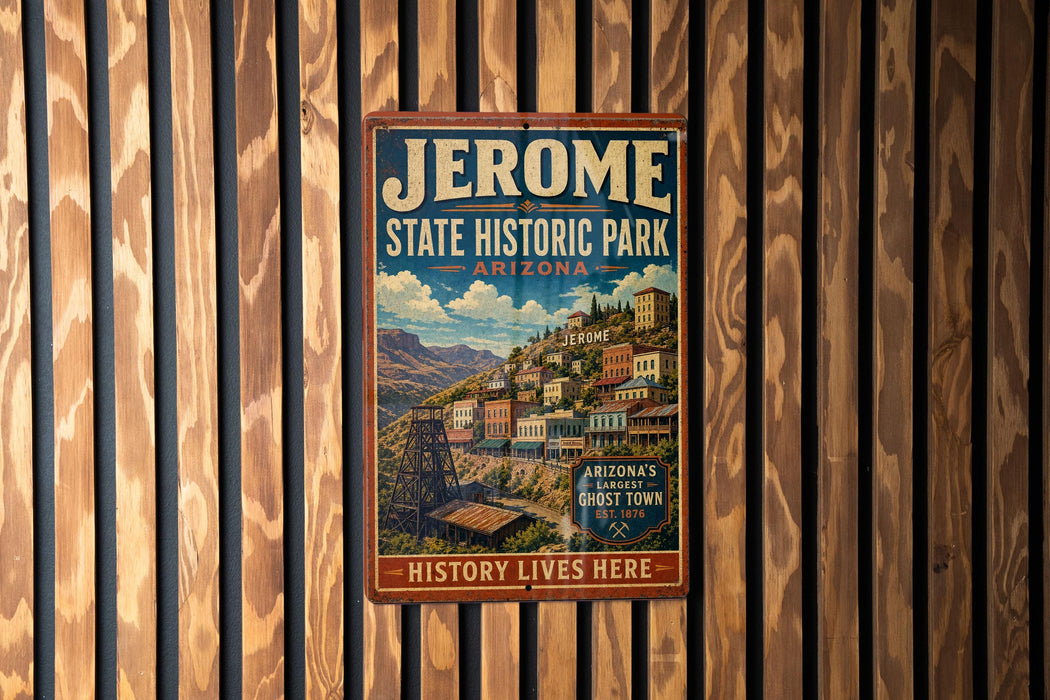 A vintage-style poster for Jerome State Historic Park in Arizona, featuring a scenic illustration of the park and its surrounding landscape.
