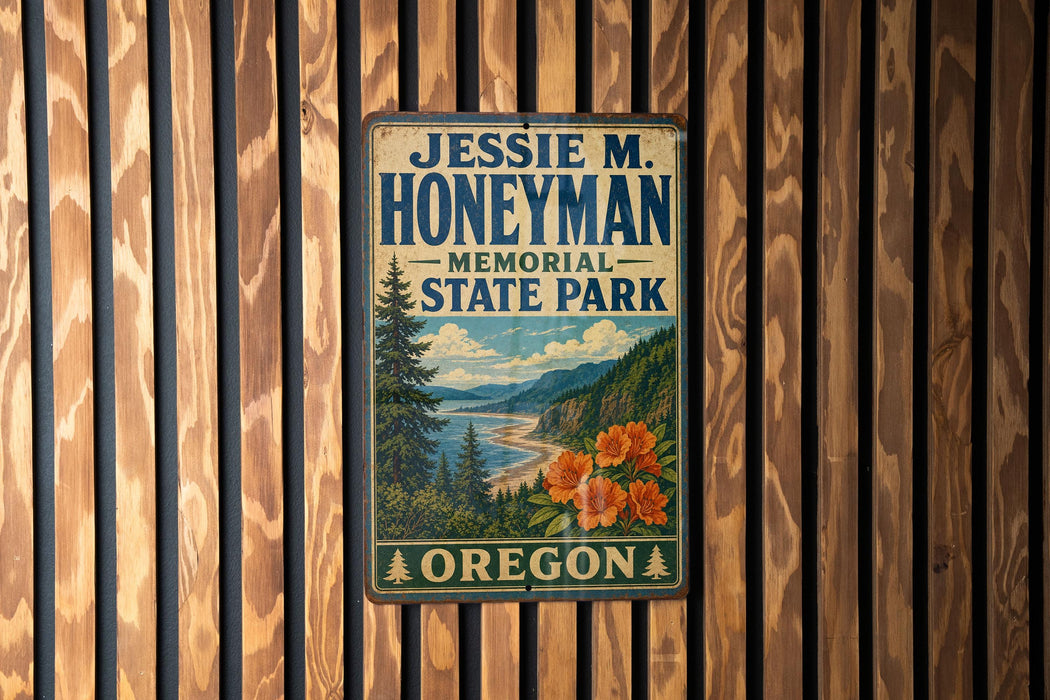 A metal sign with the name "JESSIE M. HONEYMAN MEMORIAL STATE PARK" and the word "OREGON" is displayed on a wooden wall.